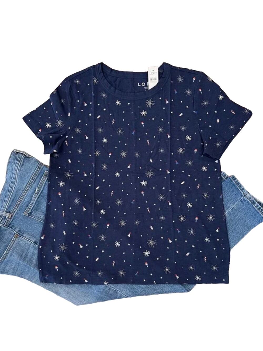 NWT LOFT Navy W/Fireworks 4th of July Print Everyday Crew Tee - SIZE M